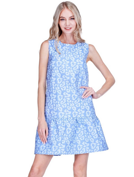 Joy Joy- Flounce Dress- Light Blue Leopard