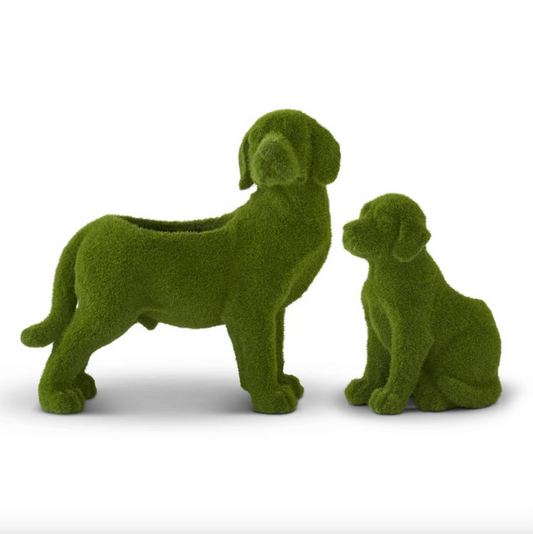 K&K-Set of 2 Resin Green Flocked Mossy Dog Containers w/Drain