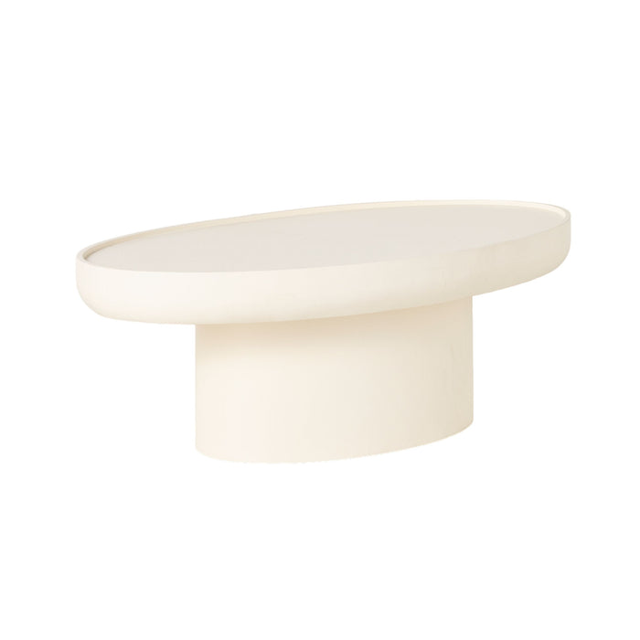 The Lani Oval Coffee Table in white wash (120 x 39 x 65cm) is crafted from mango wood and features a thick cylindrical base with a smooth, flat top for a modern look.