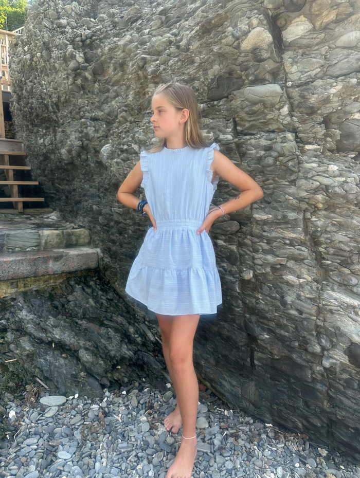 Little Olin- White Ruffle Shoulder Sleeveless Dress