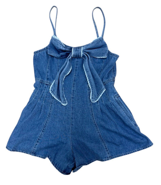 Peach Love- Front Bow Scallop Trim Detail Slvless Washed Denim Romper