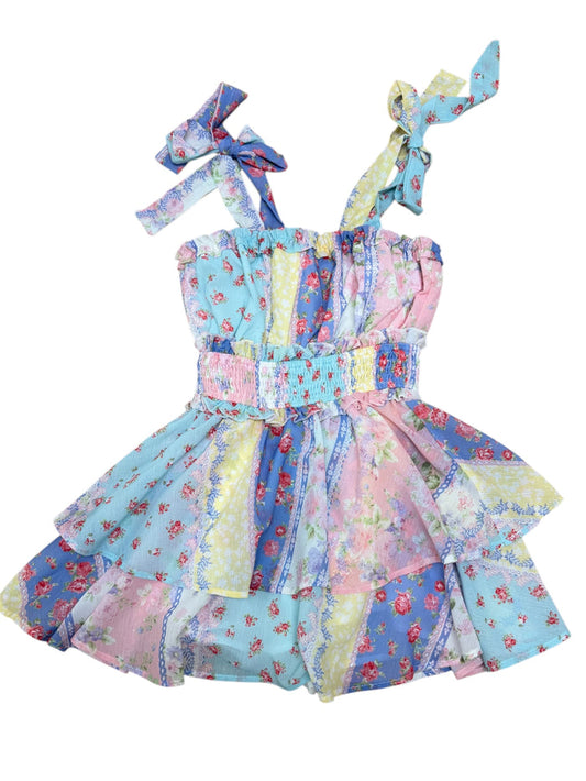 Peach Love- Multi Floral Print Tie Shoulder Double Layer Romper