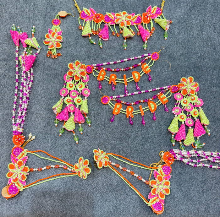 Pink & Lime Floral Beaded Haldi Mehendi Full Jewellery Set