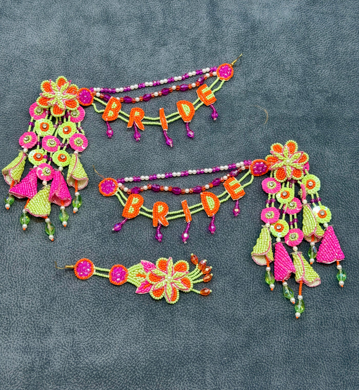 Pink & Lime Floral Beaded Haldi Mehendi Full Jewellery Set
