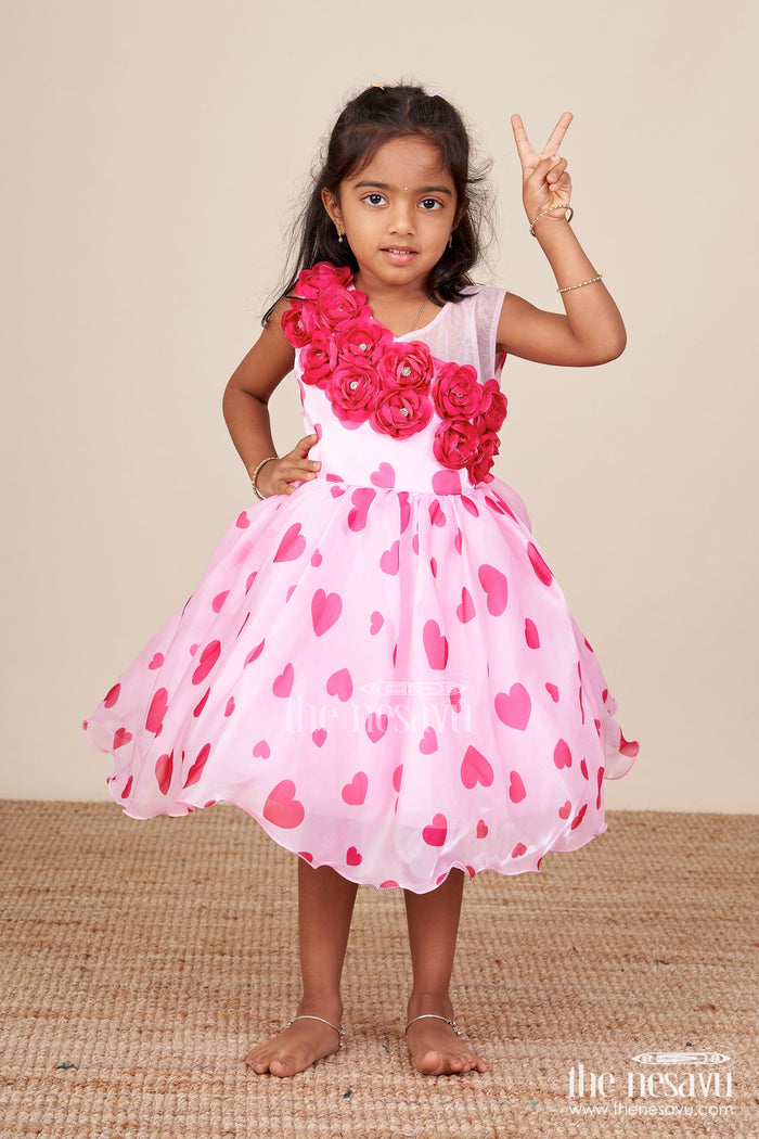 The Nesavu Girls Fancy Party Frock Pink Satin Party Frock with Floral Embellished Yoke Nesavu 16 (1Y) / Pink PF229A-16 Nesavu pink floral embellished satin party frock girls