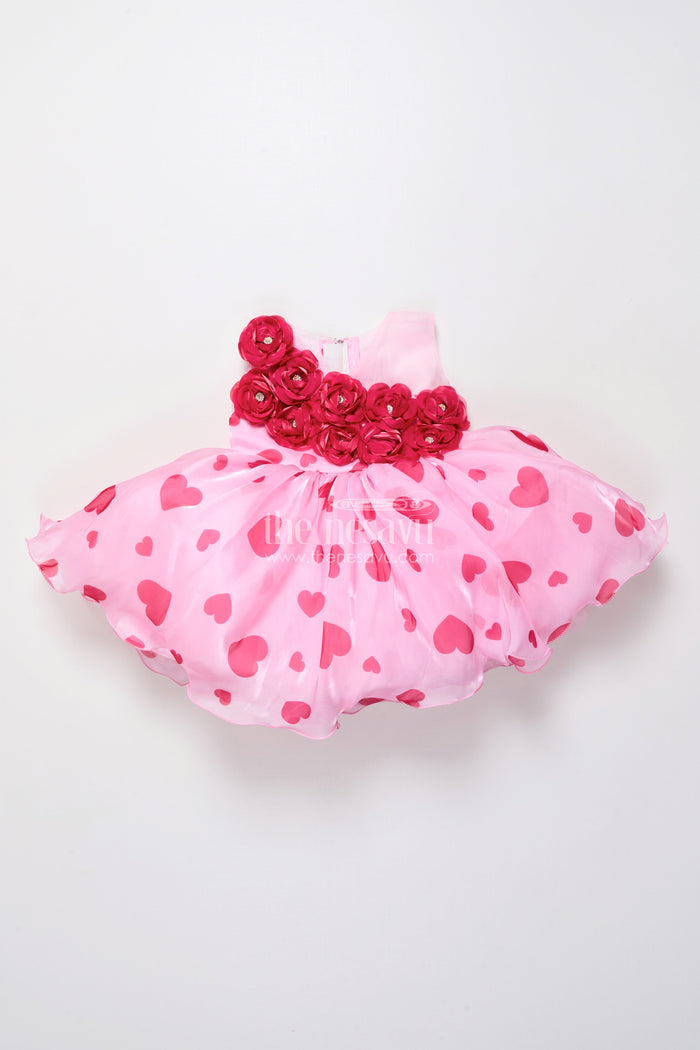 The Nesavu Girls Fancy Party Frock Pink Satin Party Frock with Floral Embellished Yoke Nesavu Nesavu pink floral embellished satin party frock girls