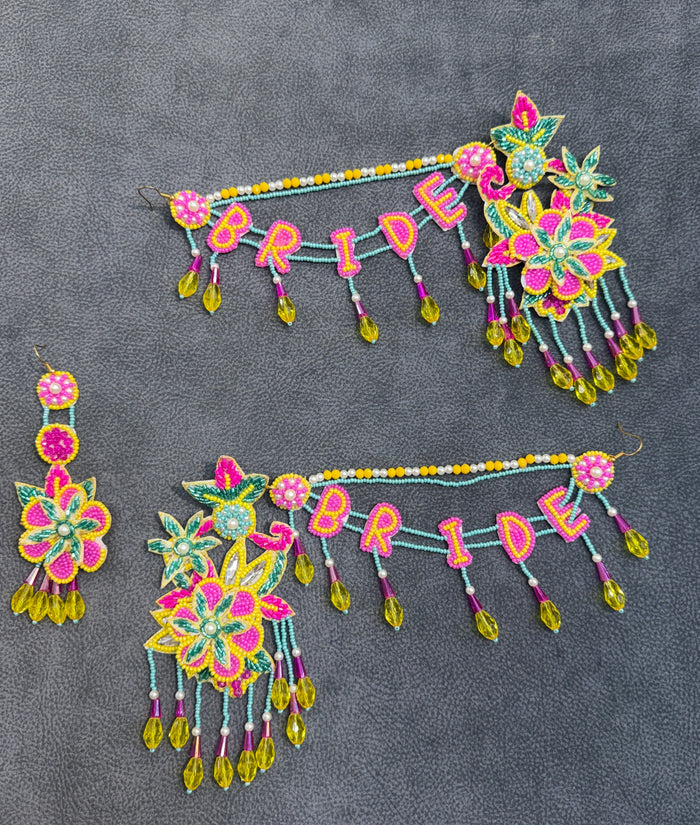 Pink & Yellow Floral Beaded Bride Haldi Mehendi Jewellery Set