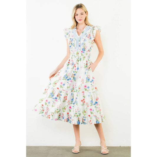 Ruffle Sleeves Floral Print Tiered Dress-THML