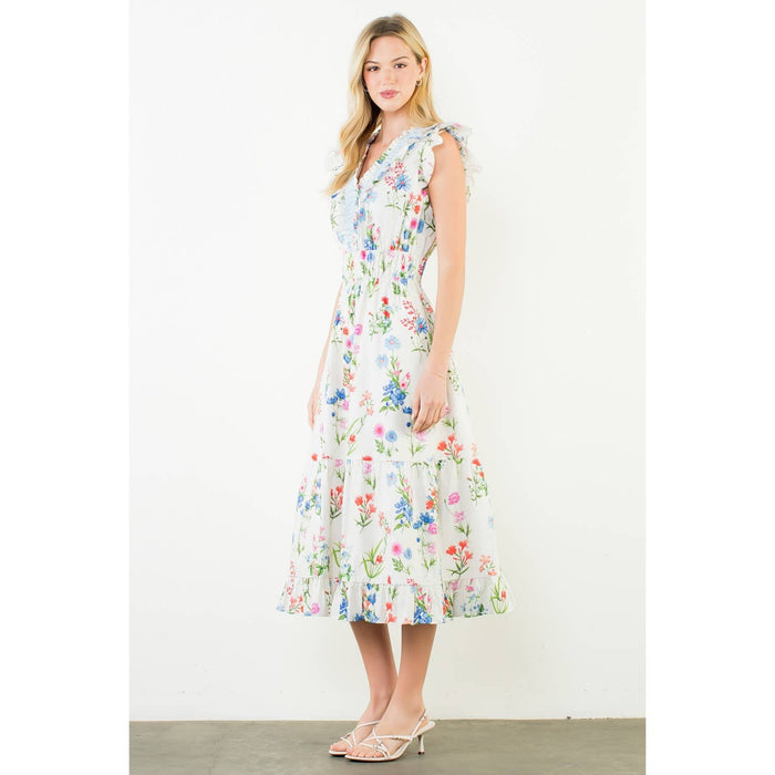 Ruffle Sleeves Floral Print Tiered Dress-THML