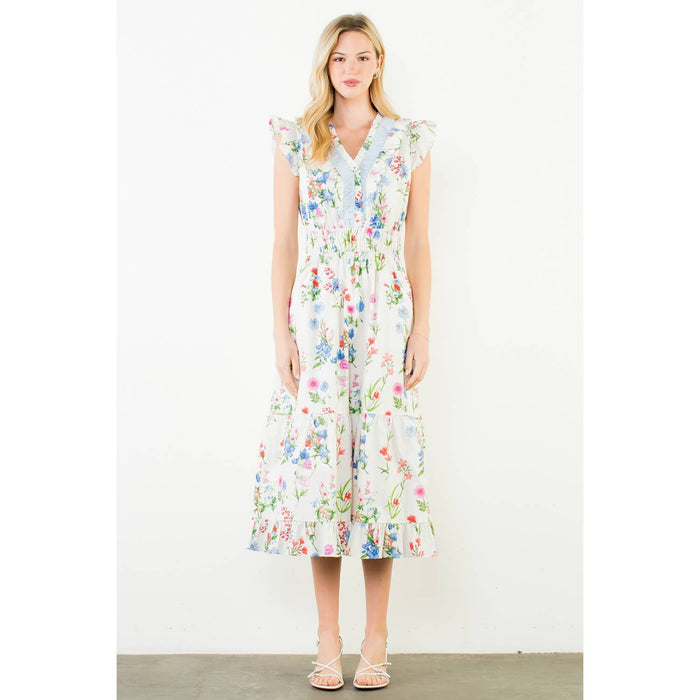 Ruffle Sleeves Floral Print Tiered Dress-THML