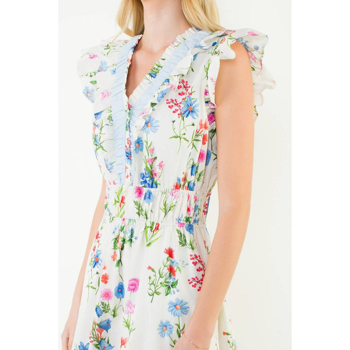 Ruffle Sleeves Floral Print Tiered Dress-THML