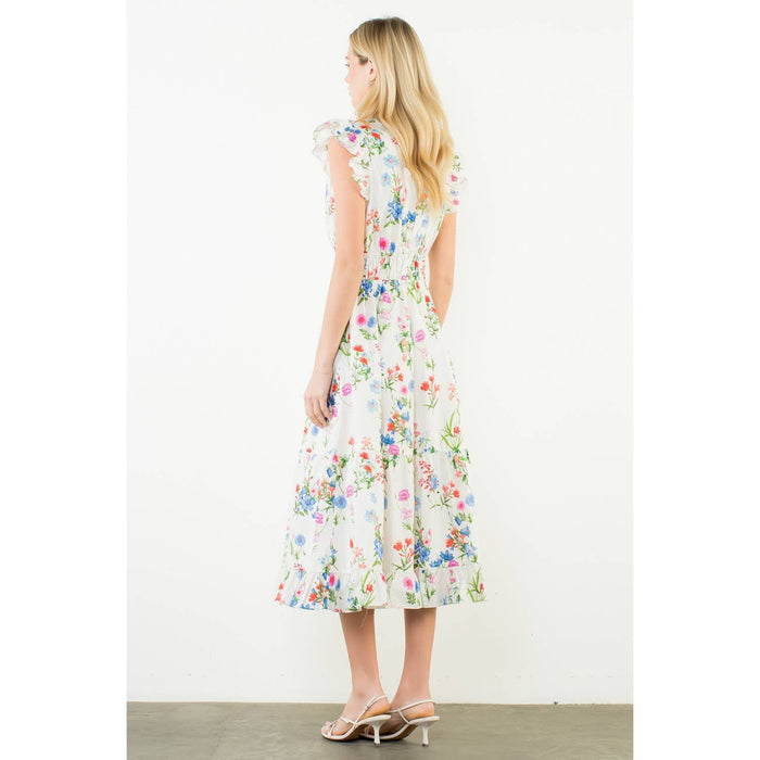 Ruffle Sleeves Floral Print Tiered Dress-THML