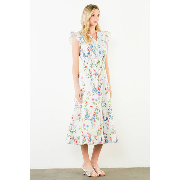 Ruffle Sleeves Floral Print Tiered Dress-THML