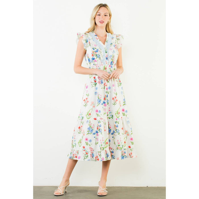 Ruffle Sleeves Floral Print Tiered Dress-THML