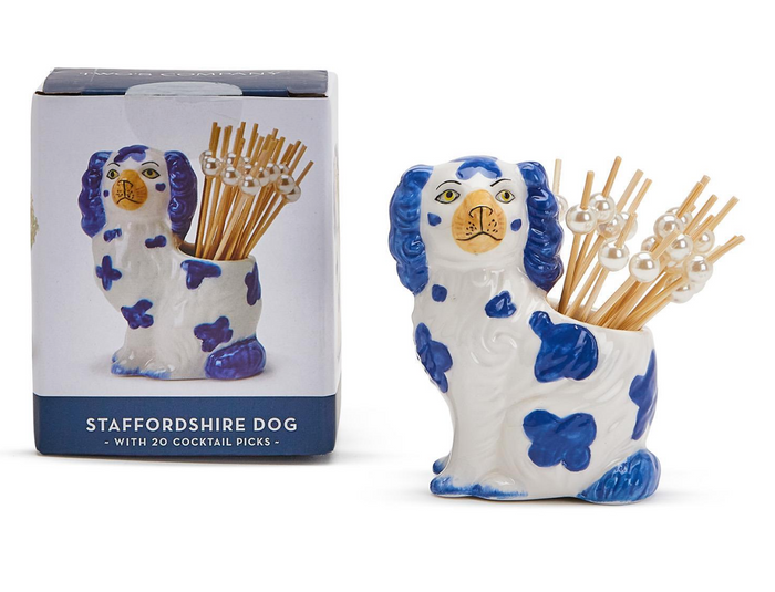 Staffordshire Dog with 20 Picks in Gift Box - Hand-Painted Ceramic/Bamboo
