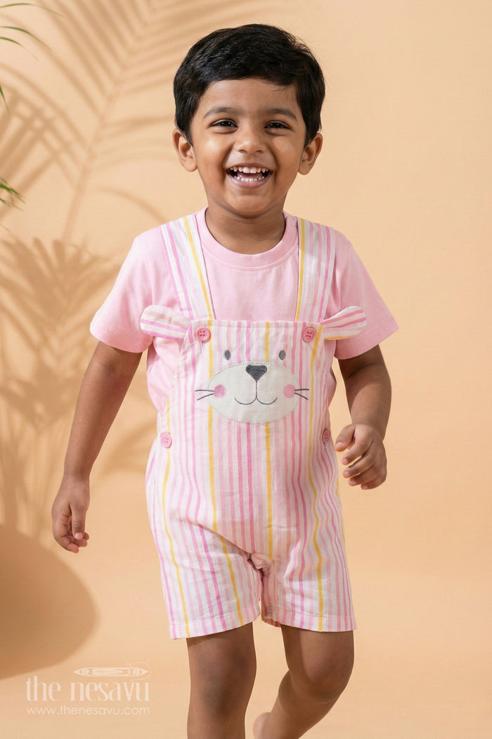 The Nesavu Baby Rompers/Onesies Striped Bunny Baby Romper Set Pink Nesavu 10 (NB) / Pink BCS052A-10 Striped Bunny Baby Baby Romper Set - Pink - Adorable & Comfortable | The Nesavu