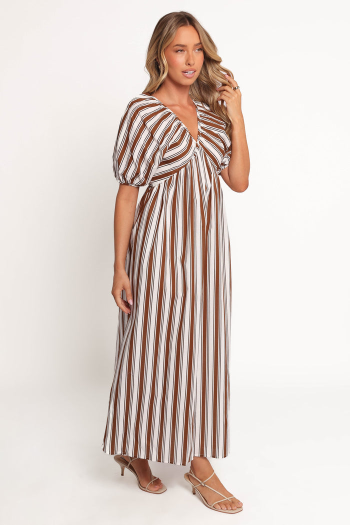 Petal and Pup USA DRESSES Sullivan Puff Sleeve Maxi Dress - Chocolate Stripe (Hold for Amazon)