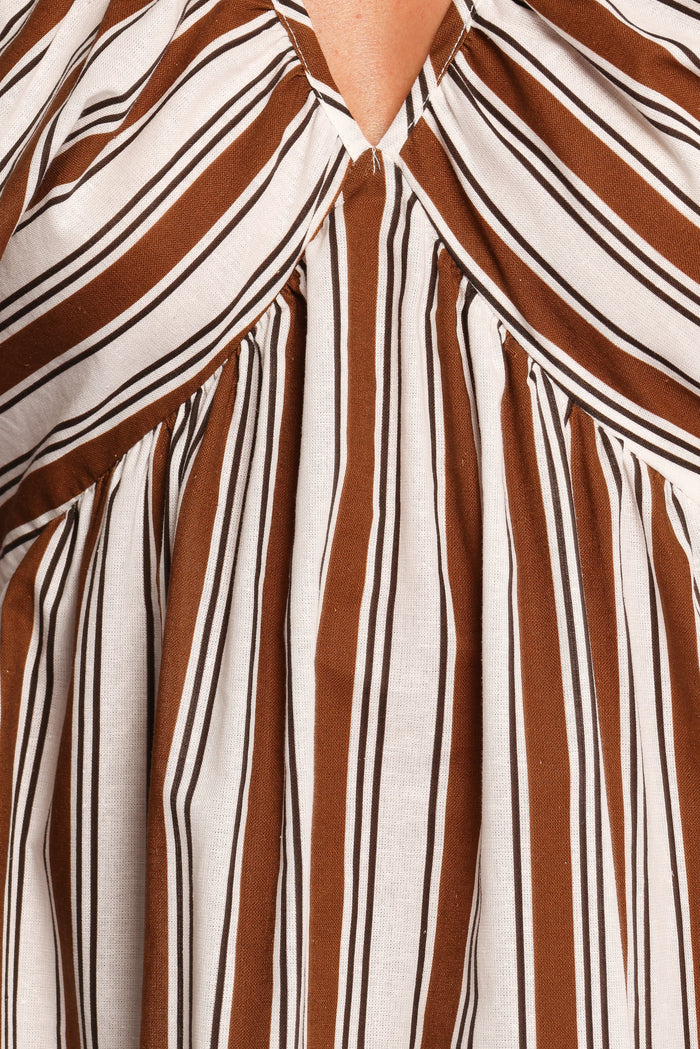 Petal and Pup USA DRESSES Sullivan Puff Sleeve Maxi Dress - Chocolate Stripe (Hold for Amazon)