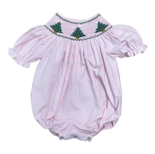 Sweet Dreams-CHRISTMAS TREE SMOCKED PINK BUBBLE