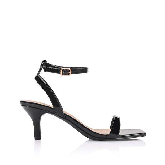 Women's black patent strappy low heel with ankle strap, square toe and gold buckle