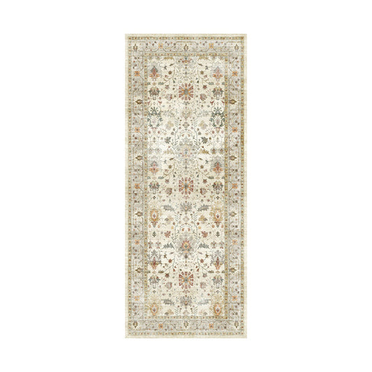 The Tarot Nouveau Washable Runner 80x200cm features a light beige background with intricate floral and vine patterns in muted tones and a decorative border, offering a traditionally ornate design.