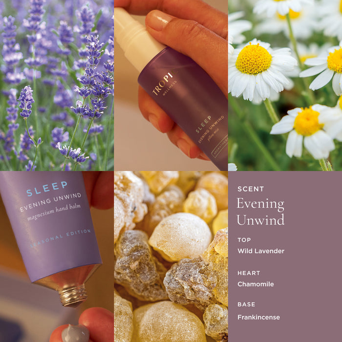 Tropic Sleep Evening Unwind pillow mist and magnesium hand balm scent profile collage showing lavender, chamomile flowers, and frankincense resin with evening unwind fragrance notes.