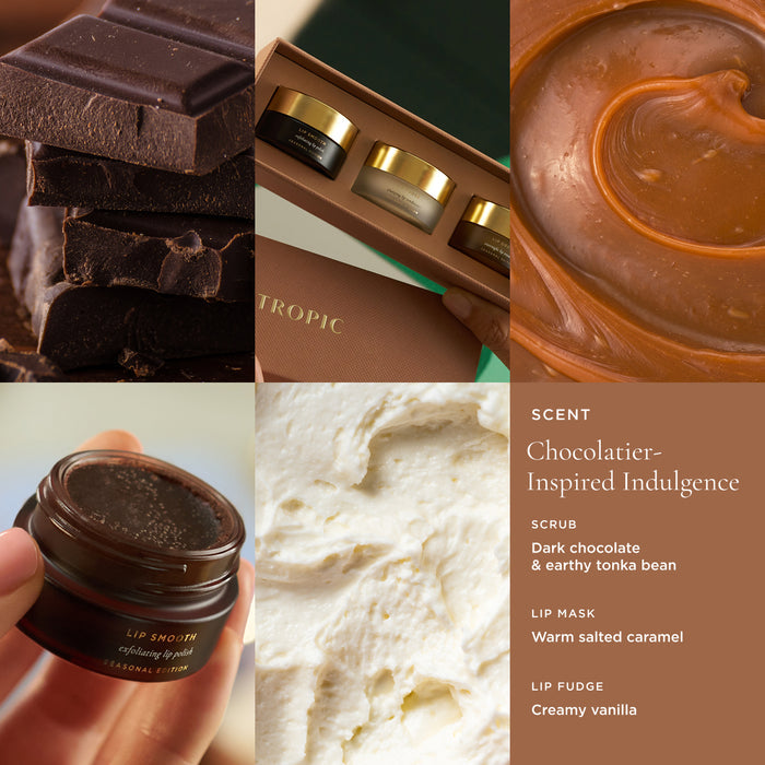 Tropic Lip Smooth exfoliating lip polish seasonal gift set scent profile collage showing dark chocolate, caramel, whipped cream, and Lip Smooth jar with chocolatier-inspired indulgence scent notes.