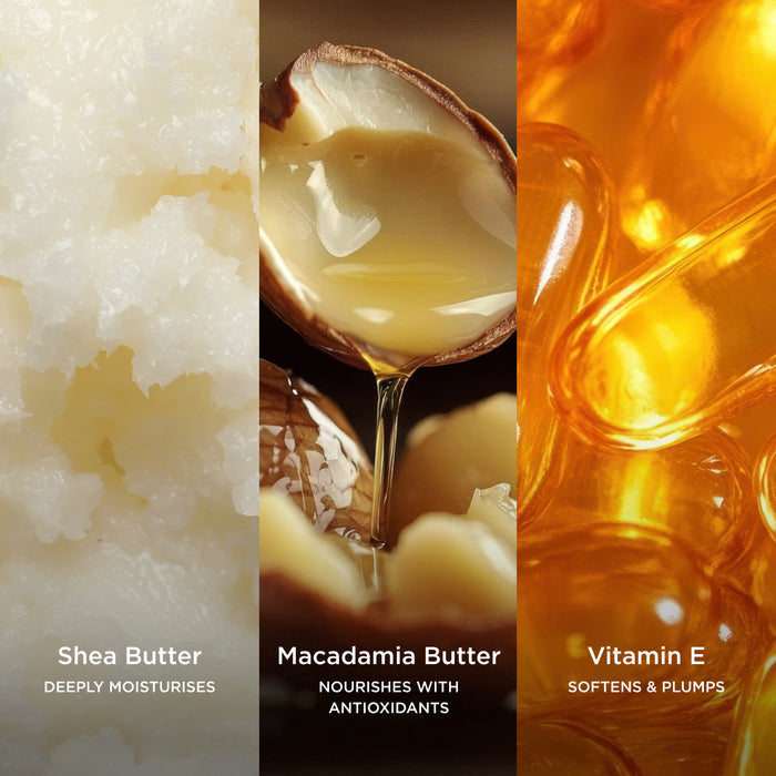 Three-panel ingredient graphic showing Shea Butter, Macadamia Butter, and Vitamin E with macro visuals.