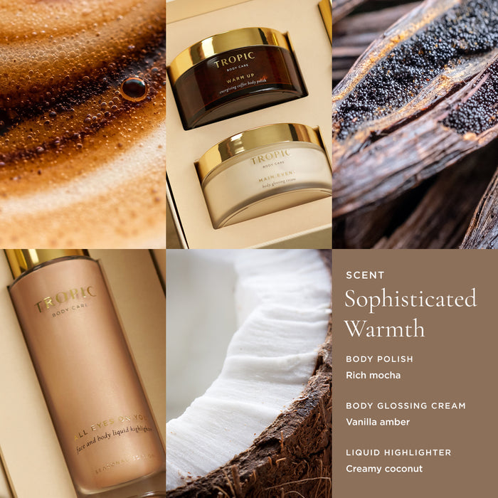 Tropic Warm Up energising coffee body polish, Main Event body glossing cream, and All Eyes On You face and body liquid highlighter scent profile collage showing coffee, vanilla pods, and coconut with sophisticated warmth fragrance notes.