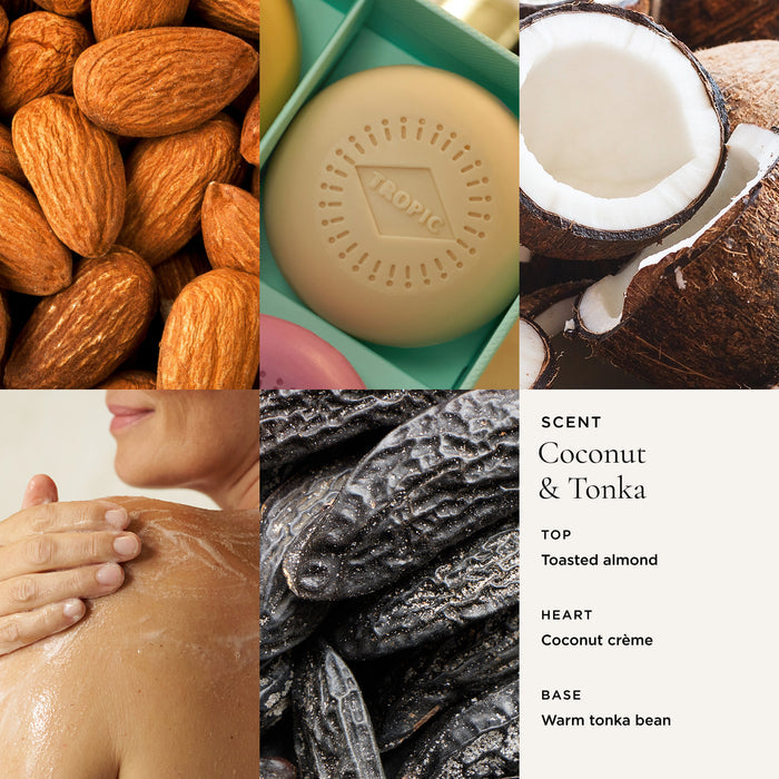 Tropic Coconut & Tonka cleansing body bar scent profile collage showing toasted almonds, coconut, and tonka beans with person applying product to shoulder and coconut & tonka fragrance notes.