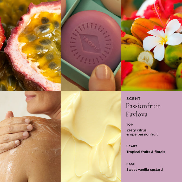 Tropic Passionfruit Pavlova cleansing body bar scent profile collage showing passionfruit, tropical fruits and frangipani, cream texture, and person applying product to shoulder with passionfruit pavlova fragrance notes.