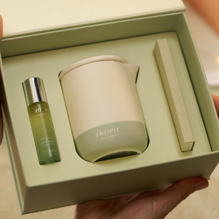 Tropic Wellness gift set open box with Relax Inner Peace pulse point roller and candle.