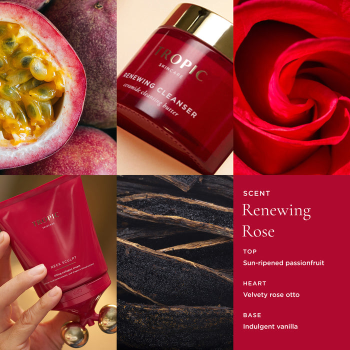 Tropic Renewing Cleanser ceramide cleansing butter and Neck Sculpt lifting collagen cream scent profile collage showing passionfruit, rose, and vanilla pods with renewing rose fragrance notes.