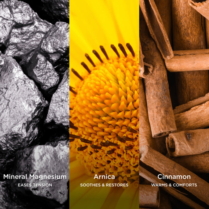 Three-panel ingredient graphic showing Mineral Magnesium, Arnica, and Cinnamon with macro visuals.