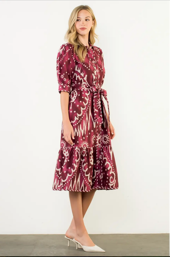 THML- Long Sleeve Print Tiered Dress