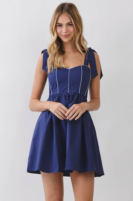 Tie Shoulder Fit & Flare Mini Dress: NAVY