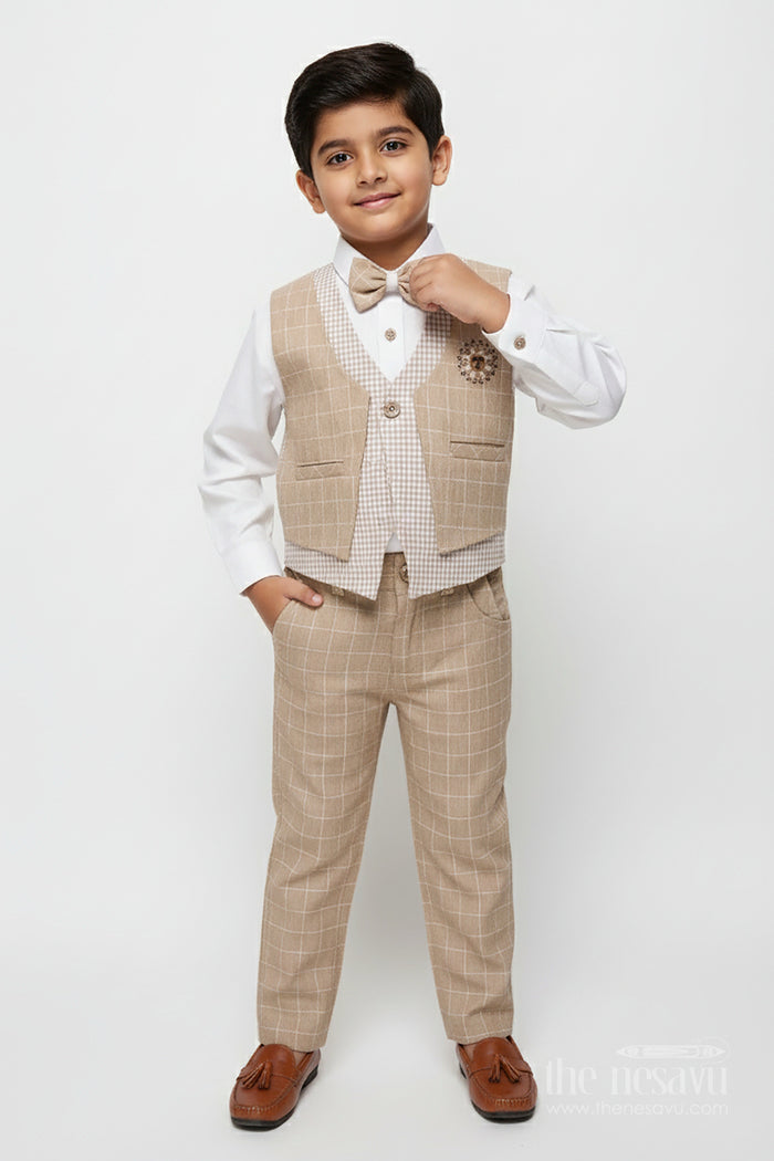 The Nesavu Boys Casual Set Toddler Boys Festive Jacket Set In Beige for Weddings and Events Nesavu 14 (6M) / Beige BCS472B-14 Nesavu toddler boys festive jacket set beige cotton weddings traditional celebrations