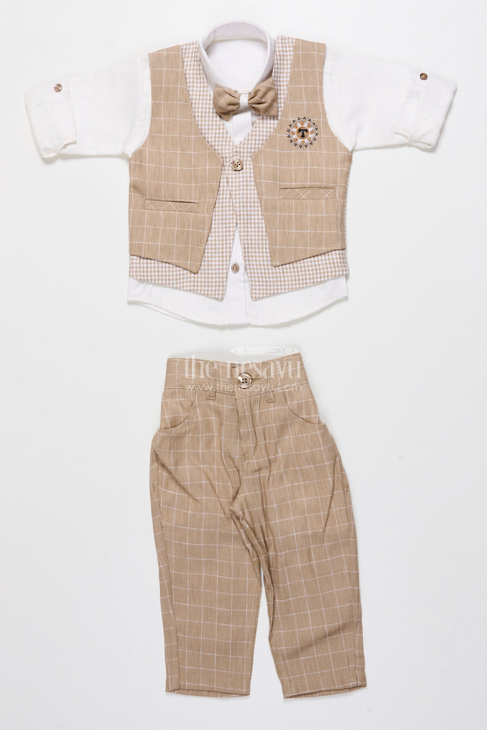 The Nesavu Boys Casual Set Toddler Boys Festive Jacket Set In Beige for Weddings and Events Nesavu Nesavu toddler boys festive jacket set beige cotton weddings traditional celebrations