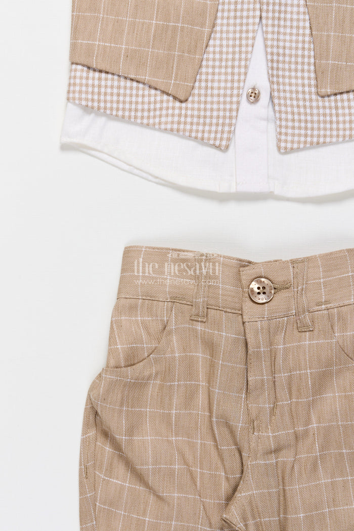 The Nesavu Boys Casual Set Toddler Boys Festive Jacket Set In Beige for Weddings and Events Nesavu Nesavu toddler boys festive jacket set beige cotton weddings traditional celebrations