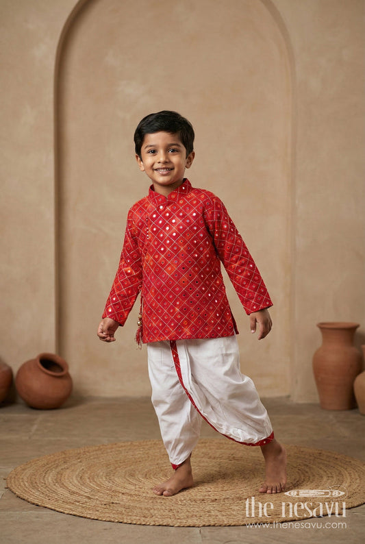 The Nesavu Boys Dothi Set Toddler Boys Red Dothi Kurta Set for Traditional Occasions Nesavu 14 (6M) / Red BES919A-14 Nesavu red embroidered boys dothi kurta set weddings traditional festivals