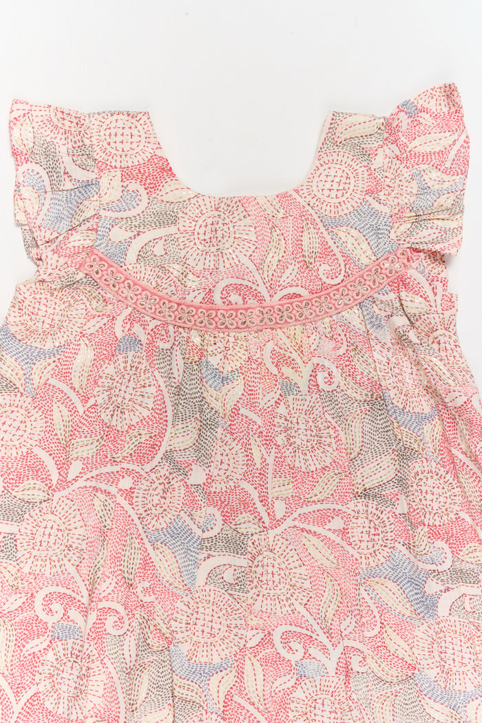The Nesavu Girls Cotton Frock Trendy Girls Casual Cotton Dress with Chic Floral Patterns and Soft Rayon Fabric Nesavu Nesavu Girls Casual Cotton Dress Earthy Floral Print Lace Details Ruffle Hemline