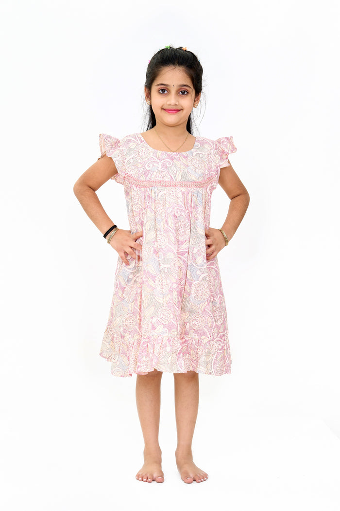 The Nesavu Girls Cotton Frock Trendy Girls Casual Cotton Dress with Chic Floral Patterns and Soft Rayon Fabric Nesavu 16 (1Y) / Multicolor GFC1549B-16 Girls Casual Cotton Dress Earthy Floral Print Lace Details Ruffle Hemline | The Nesavu