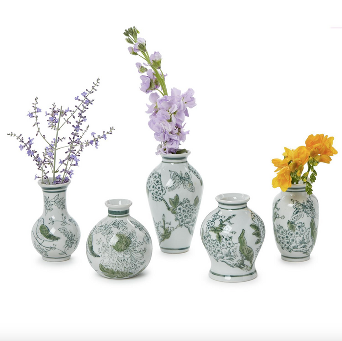 Two's Company- Primrose and Lotus Hand-Painted Mini Green and White Chinoiserie Vases