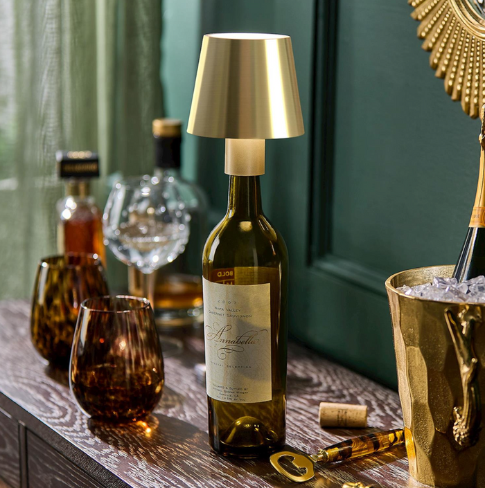 Two's Company-LED Portable Cordless Gold Lampshade Bottle Lamp