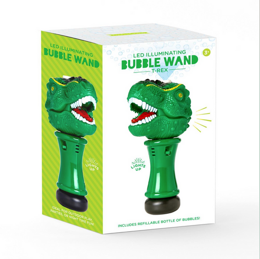 Two's Company-T-Rex LED Illuminating Bubble Wand Blower with Refillable Bottle and Solution in Gift Box