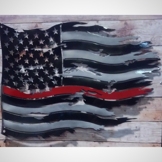 USA Flag. Black, Silver, Red Line (fire department) - Metal Sign
