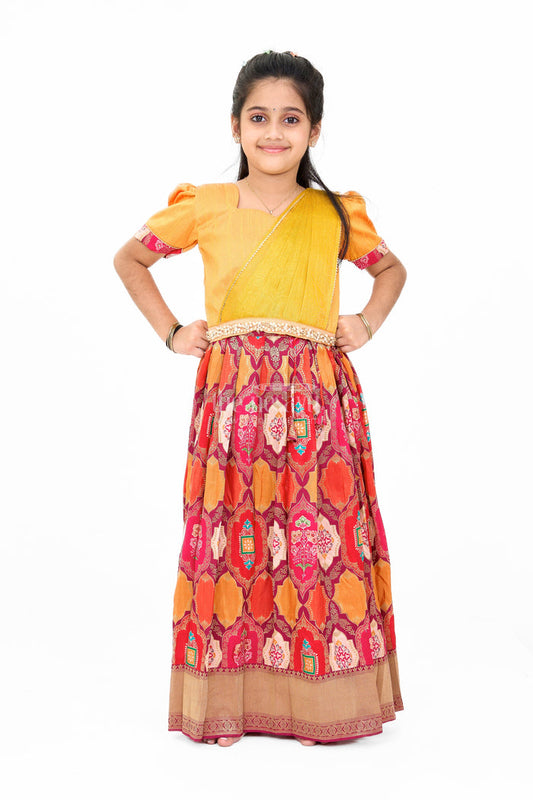 The Nesavu Girls Lehenga Choli Vibrant Mustard and Red Silk Lehenga Choli for Girls with Embroidered Dupatta Nesavu 18 (2Y) / Yellow GL553A-18 Nesavu Mustard Red Silk Lehenga Choli Girls Embroidered Dupatta