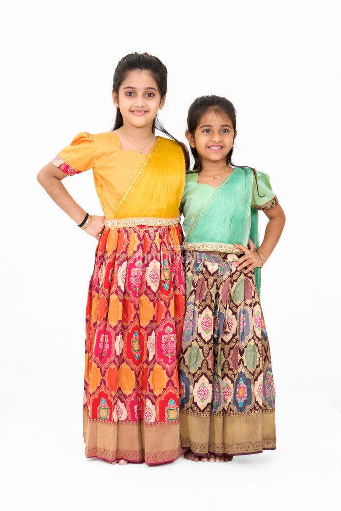 The Nesavu Girls Lehenga Choli Vibrant Mustard and Red Silk Lehenga Choli for Girls with Embroidered Dupatta Nesavu Nesavu Mustard Red Silk Lehenga Choli Girls Embroidered Dupatta