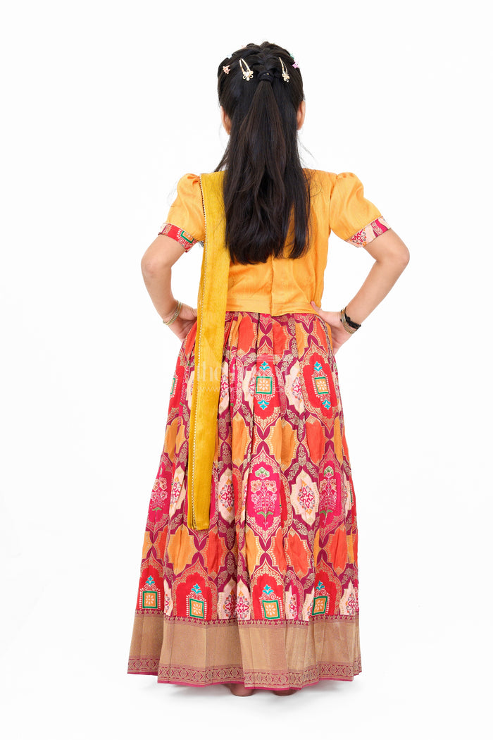 The Nesavu Girls Lehenga Choli Vibrant Mustard and Red Silk Lehenga Choli for Girls with Embroidered Dupatta Nesavu Nesavu Mustard Red Silk Lehenga Choli Girls Embroidered Dupatta