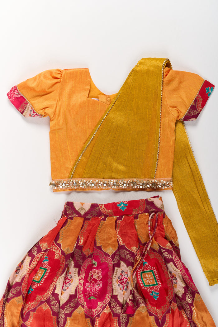 The Nesavu Girls Lehenga Choli Vibrant Mustard and Red Silk Lehenga Choli for Girls with Embroidered Dupatta Nesavu Nesavu Mustard Red Silk Lehenga Choli Girls Embroidered Dupatta
